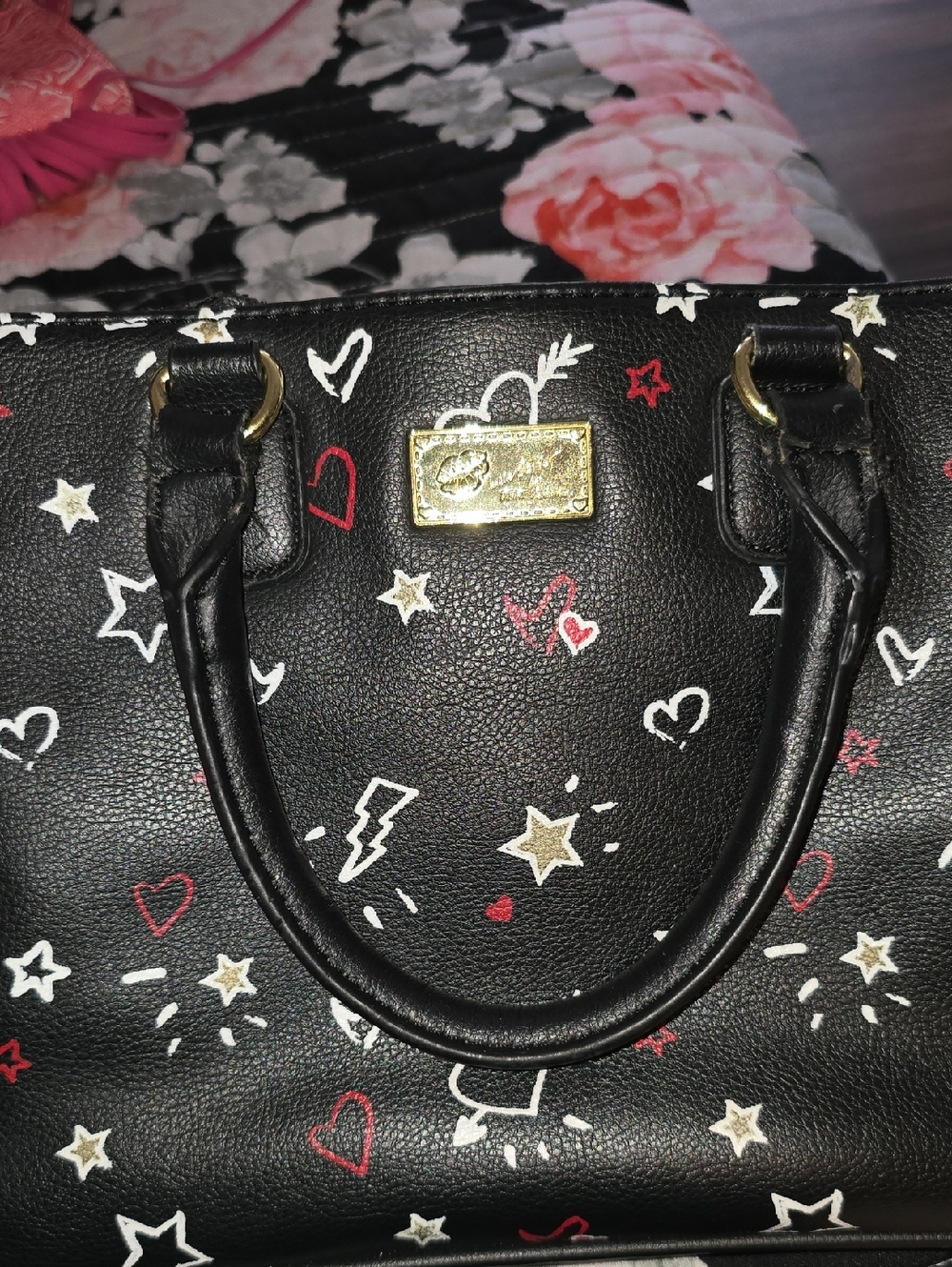 Betsey Johnson Black Satchel with Red White and Gold Accents